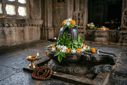 Шива-лингам в храме, украшенный листьями бильвы и цветами, рядом лампада и рудракша